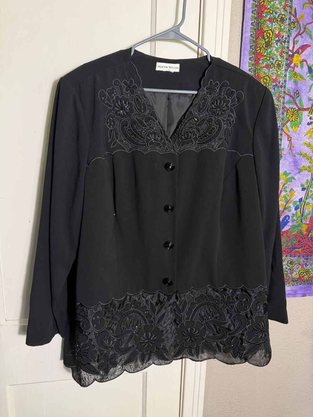 Justin Taylor Black Beaded Lace Soutache Longline Evening Jacket Approx Size 2x